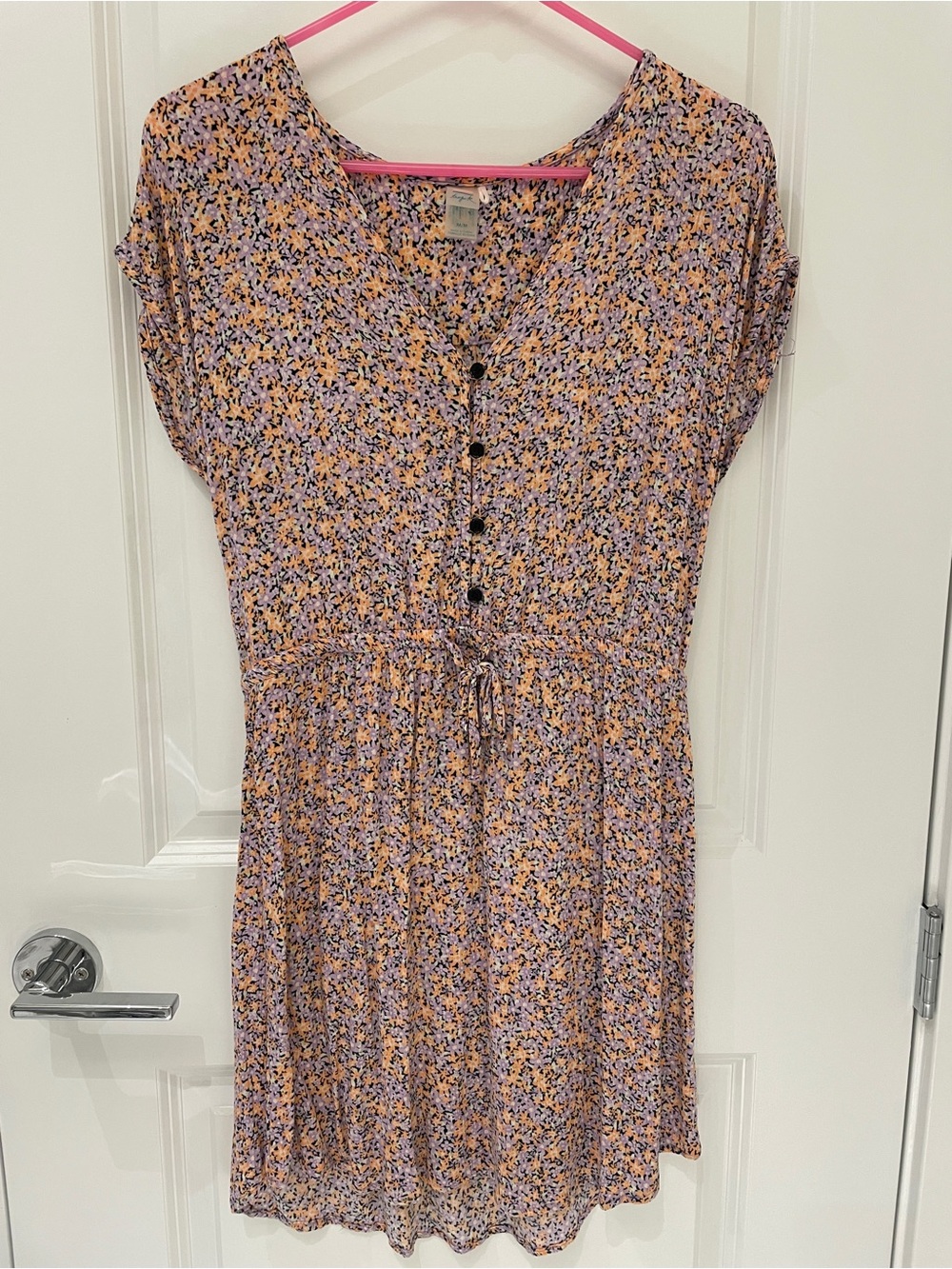 Floral Button-Front Summer Dress in Lavender & Peach with drawstring waist